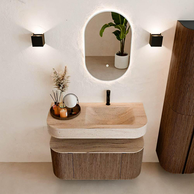 MONDIAZ THOR-DLUX 100cm meuble de salle de bains arrondi gauche + droite couleur Walnut avec 1 tiroir et 2 portes. Vasque suspendue CLOUD Droite 1 trou de robinet couleur Saba.