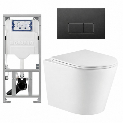 QeramiQ Dely Ensemble WC - 36.3x51.7cm - cuvette profonde - sans bride - réservoir encastré Geberit UP320 - avec cadre Burda - abattant WC softclose - plaque de commande noire mate - boutons rectangulaires - blanc mat