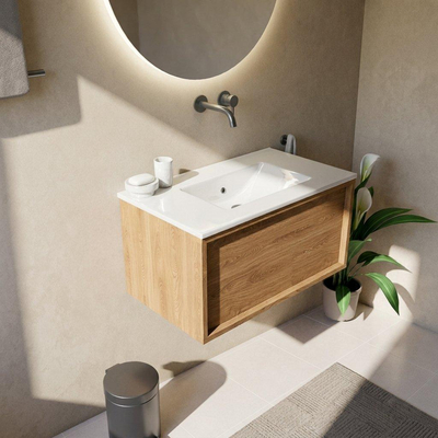 Saniclass Holz Frame Ensemble de meubles de salle de bains - 80x45x42cm - Lavabo Vygo en céramique blanc - 1 vasque - sans trou de robinetterie - 1 tiroir - chêne naturel mat (bois)