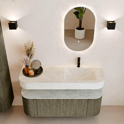 MONDIAZ THOR-DLUX 130cm meuble de salle de bains arrondi gauche + droite couleur Shadow avec 1 tiroir et 2 portes. Vasque suspendue CLOUD Droite 1 trou de robinet couleur Opalo.