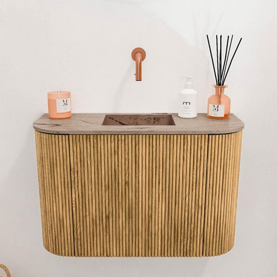 Mondiaz JOYA-DLUX Meuble de toilette 63,2 cm - arrondi gauche et droit couleur Chêne - Vasque FAYE position Milieu Sans trou de robinet couleur Arena