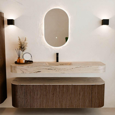 MONDIAZ THOR-DLUX 160cm meuble de salle de bains arrondi gauche + droite couleur Walnut avec 1 tiroir et 2 portes. Vasque suspendue CLOUD Milieu 1 trou de robinet couleur Arena.