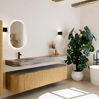 MONDIAZ THOR-DLUX Meuble de salle de bains 190cm arrondi gauche + droite couleur Oak avec 2 tiroirs et 2 portes. Vasque suspendue CLOUD Gauche 1 trou de robinet couleur Oza.