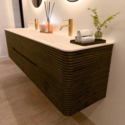 Mondiaz CIRO-DLUX Badkamermeubelset - 190x45x50cm - Solid surface wastafel Meli - 2 wasbak Dubbel - 2 kraangaten - 4 lades - Shadow