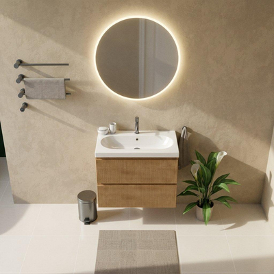 Saniclass Holz Atelier Ensemble de meubles de salle de bains - 80x45x63.5cm - Lavabo en céramique Palermo blanc - 1 vasque - 1 trou de robinetterie - 2 tiroirs - chêne naturel mat (bois)