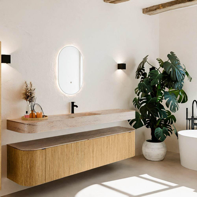 MONDIAZ THOR-DLUX 200cm badmeubel ronding links + rechts kleur Oak met 2 lades en 2 deuren. Vrijhangende wastafel CLOUD Midden 1 kraangat kleur Saba.