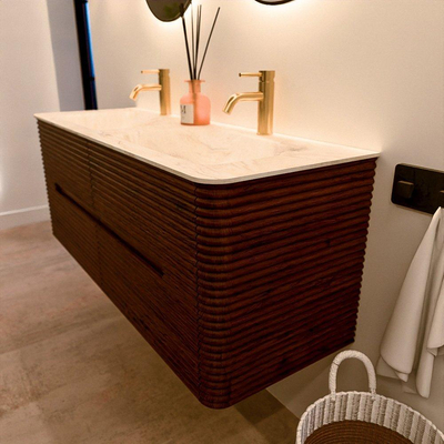 Mondiaz CIRO-DLUX Badkamermeubelset - 130x45x50cm - Solid surface wastafel Ostra - 2 wasbak Dubbel - 2 kraangaten - 4 lades - Ruby