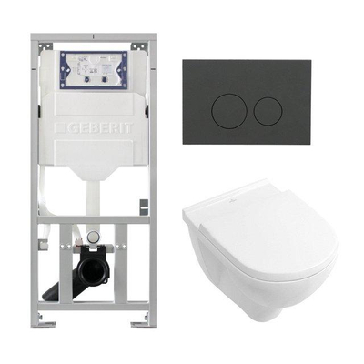 Villeroy & Boch O.novo ensemble de WC avec réservoir encastré Geberit avec cuvette suspendue à chasse profonde blanche abattant soft close et plaque de commande anthracite mat à boutons ronds blanche