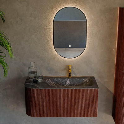 Mondiaz KURVE-DLUX Ensemble de meuble salle de bain - 95x46x40cm - 1 tiroir - 1 porte - lavabo en solid surface - droite - 1 trou de robinet - Ruby