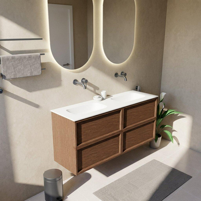 Saniclass Holz Frame Ensemble de meubles de salle de bains - 140x45x61.5cm - Vasque Flow en solid surface blanc - 2 vasques - sans trous de robinetterie - 4 tiroirs - walnut pure mat (bois)