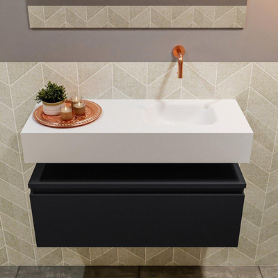 MONDIAZ ANDOR Meuble WC - 80x30x30cm - 0 trous de robinet - 1 tiroirs - urban mat - lave-mains à droite - Solid surface - Blanc
