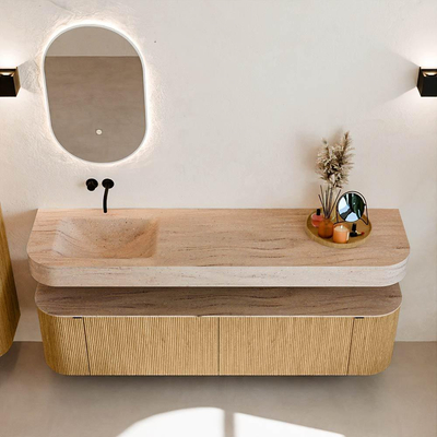 MONDIAZ THOR-DLUX 180cm badmeubel ronding links + rechts kleur Oak met 2 lades en 2 deuren. Vrijhangende wastafel CLOUD Links zonder kraangat kleur Saba.