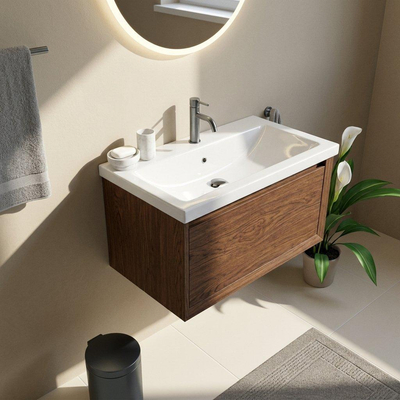Saniclass Holz Frame Ensemble meuble de salle de bains - 80x45x43.5cm - Bari lavabo en céramique blanc - 1 vasque - 1 trou de robinet - 1 tiroir - noyer pure mat (bois)