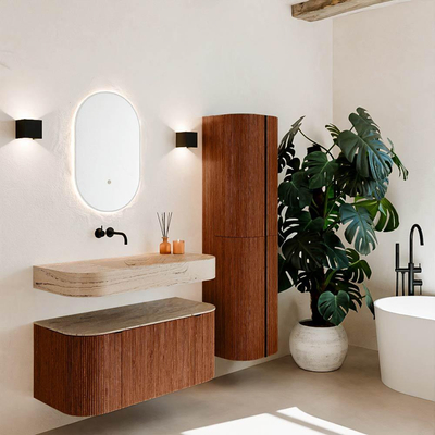 MONDIAZ THOR-DLUX 100cm meuble de salle de bains arrondi gauche + droite couleur Ruby avec 1 tiroir et 2 portes. Vasque suspendue CLOUD Milieu sans trou de robinet couleur Arena.