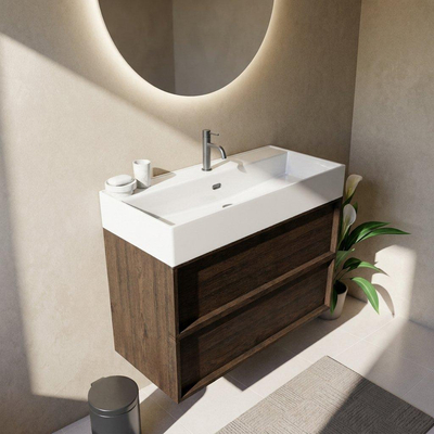 Saniclass Holz Frame Ensemble de meubles de salle de bains - 100x45x72cm - Legend lavabo en céramique blanc - 1 vasque - 1 trou de robinet - 2 tiroirs - chêne charbon mat (bois)
