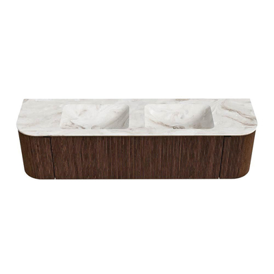 MONDIAZ KURVE-DLUX 170cm badmeubel met module 25 Len R kleur Walnut met 1 lade en 2 deuren. Wastafel LEAF dubbel zonder kraangat kleur Frappe.