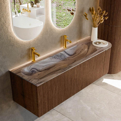 MONDIAZ KURVE-DLUX Meuble de salle de bains 145cm arrondi à droite couleur Walnut avec 1 tiroir et 1 porte. Lavabo BIG LARGE à gauche 2 trous de robinet Sombra.