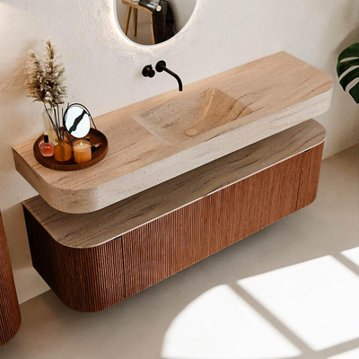 MONDIAZ THOR-DLUX 160cm meuble de salle de bains arrondi gauche + droite couleur Ruby avec 1 tiroir et 2 portes. Vasque suspendue CLOUD Milieu sans trou de robinet couleur Saba.