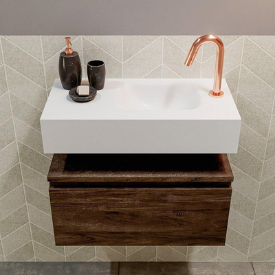 MONDIAZ ANDOR Toiletmeubel - 60x30x30cm - 1 kraangat - 1 lades - dark brown mat - wasbak rechts - Solid surface - Wit