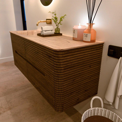 Mondiaz CIRO-DLUX Ensemble de meubles de salle de bains - 130x45x50cm - Plan vasque solid surface Arena - 1 bassin à gauche - sans trous de robinetterie - 4 tiroirs - Dusk