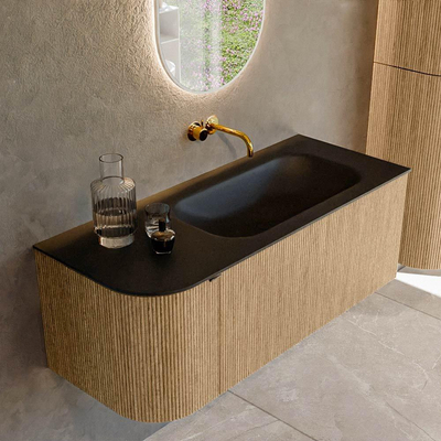 MONDIAZ KURVE meuble de salle de bains 115 cm avec module 25 L couleur chêne avec 1 tiroir et 1 porte. Lavabo BIG SMALL à droite sans trou de robinetterie Urban.