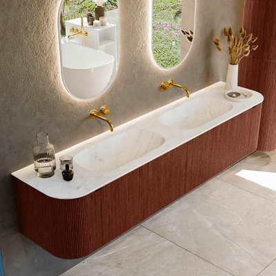 Mondiaz KURVE-DLUX Badkamermeubelset - 200x46x40cm - 2 lade - 2 deuren - wastafel solid surface - dubbel - zonder kraangat - Ruby