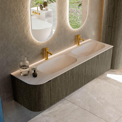 MONDIAZ KURVE-DLUX Meuble de salle de bains 165cm arrondi à gauche couleur Shadow avec 2 tiroirs et 1 porte. Lavabo STOR SMALL Double / Droite 2 trous de robinet Meli.