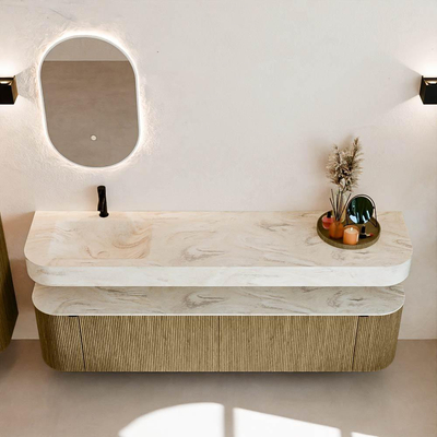 MONDIAZ THOR-DLUX Meuble de salle de bains 190cm arrondi gauche + droite couleur Dusk avec 2 tiroirs et 2 portes. Vasque suspendue CLOUD Gauche 1 trou de robinet couleur Ostra.