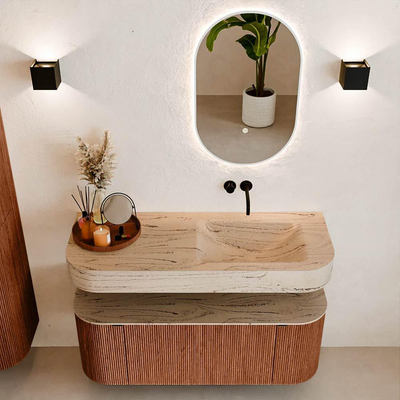 MONDIAZ THOR-DLUX 120cm meuble de salle de bains arrondi gauche + droite couleur Ruby avec 1 tiroir et 2 portes. Vasque suspendue CLOUD Droite sans trou de robinet couleur Arena.