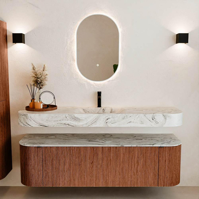 MONDIAZ THOR-DLUX 160cm meuble de salle de bains arrondi gauche + droite couleur Ruby avec 1 tiroir et 2 portes. Vasque suspendue CLOUD Milieu 1 trou de robinet couleur Glace.