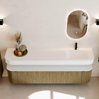 MONDIAZ THOR Meuble de salle de bains - 200cm - arrondi gauche + droite - couleur Dusk - 2 tiroirs - 2 portes - Vasque suspendue CLOUD droite 1 trou de robinet - couleur Talc