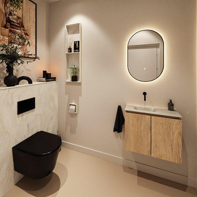 MONDIAZ TURE-DLUX Meuble toilette - 60cm - Washed Oak - EDEN - vasque Ostra - position gauche - sans trou de robinet