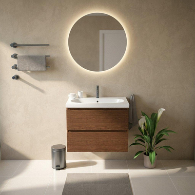 Saniclass Holz Pure Ensemble meuble de salle de bains - 80x45x63.5cm - lavabo Palermo en céramique blanc - 1 vasque - 1 trou de robinetterie - 2 tiroirs - mat walnut pure (bois)