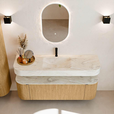 MONDIAZ THOR-DLUX 150cm meuble de salle de bains arrondi gauche + droite couleur Oak avec 1 tiroir et 2 portes. Vasque suspendue CLOUD Milieu 1 trou de robinet couleur Ostra.