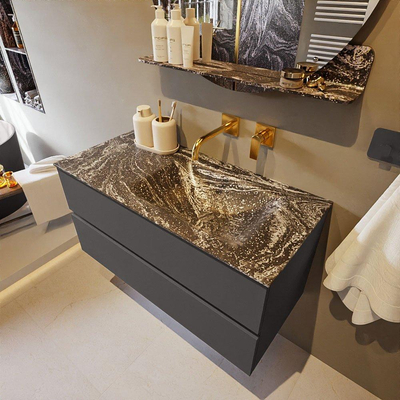 Mondiaz VICA-DLUX Ensemble de meuble de salle de bain - 100cm - meuble sous-vasque gris foncé - 2 tiroirs - lavabo encastré cloud droite - sans trous de robinet - version haute de 60cm - lave