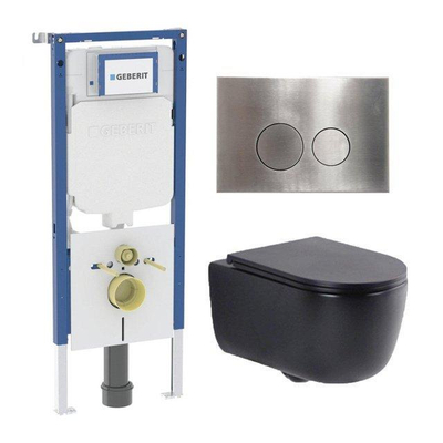 QeramiQ Dely Swirl Toiletset - 36.3x51.7cm - Geberit UP720 Duofix Sigma inbouwreservoir - slim zitting - steel bedieningsplaat - ronde knoppen - mat zwart