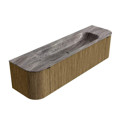 MONDIAZ KURVE-DLUX 170cm meuble de salle de bains arrondi Gauche + Droite couleur Dusk avec 1 tiroir et 2 portes. Plan-vasque BIG LARGE Central 2 trous de robinet Oza.