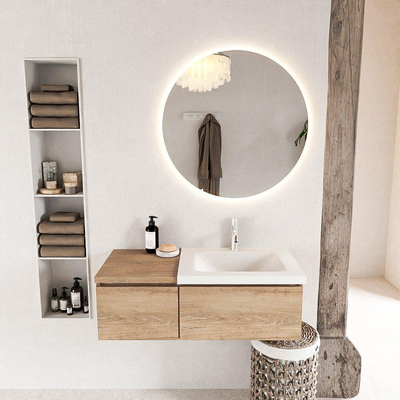 MONDIAZ BUKLA meuble de salle de bain 100cm avec module 40 couleur Chêne blanchi avec 2 tiroirs. Lavabo CLOUD à droite 1 trou de robinet couleur Talc.