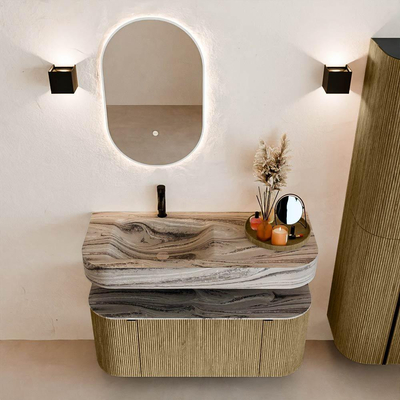 MONDIAZ THOR-DLUX Meuble de salle de bains 110cm arrondi gauche + droite couleur Dusk avec 1 tiroir et 2 portes. Vasque suspendue CLOUD Gauche 1 trou de robinet couleur Sombra.