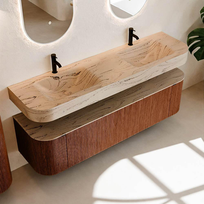 MONDIAZ THOR-DLUX 170cm meuble de salle de bains arrondi gauche + droite couleur Ruby avec 1 tiroir et 2 portes. Vasque suspendue CLOUD Double 2 trous de robinet couleur Arena.