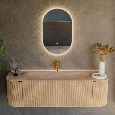 MONDIAZ KURVE-DLUX Meuble de salle de bains 150cm arrondi Gauche + Droite couleur Oak avec 1 tiroir et 2 portes. Plan-vasque BIG MEDIUM Central 1 trou de robinet Saba.