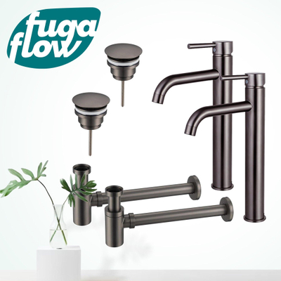 FugaFlow Eccelente Sobrado Kit robinet lavabo - pour double vasque - robinet rehaussé - bonde non-obturable - siphon design bas - Gunmetal PVD