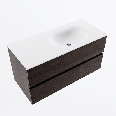 Mondiaz VICA ensemble de meuble de salle de bain - 100cm - meuble sous-vasque marron foncé - 2 tiroirs - lavabo moon droite - sans trous de robinet - version haute de 60cm - talc