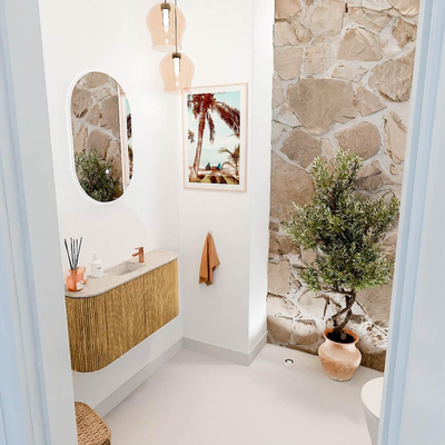 Mondiaz JOYA-DLUX 83.2cm toiletmeubel - ronding links en rechts kleur Oak - Wastafel FAYE positie Midden 1 kraangat kleur Frappe.