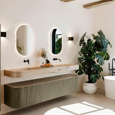 MONDIAZ THOR-DLUX 200cm meuble de salle de bains arrondi gauche + droite couleur Shadow avec 2 tiroirs et 2 portes. Vasque suspendue CLOUD Double sans trou de robinet couleur Arena.