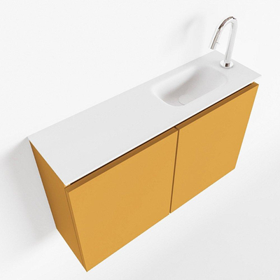MONDIAZ TURE Toiletmeubel 80x23x50cm met 1 kraangaten 2 deuren ocher mat Wastafel Eden rechts Solid Surface Wit