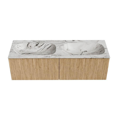 MONDIAZ KURVE-DLUX Meuble de salle de bains 140 cm couleur Oak avec 2 tiroirs. Vasque STOR SMALL double sans trou de robinet couleur Glace.