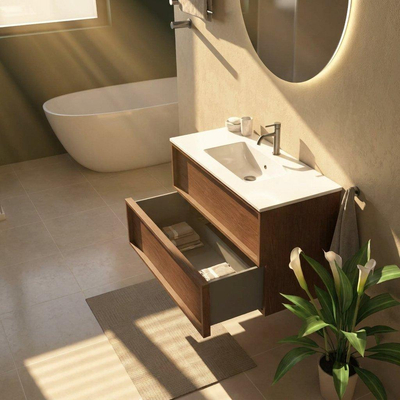 Saniclass Holz Frame Ensemble de meubles de salle de bains - 100x45x62cm - Vygo lavabo en céramique blanc - 1 vasque - 1 trou de robinetterie - 2 tiroirs - walnut pure mat (bois)