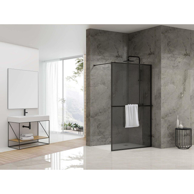 Van Rijn Products ST04 Paroi fixe - 119,5x200cm - verre fumé - épaisseur 8mm - incl. barre de stabilisation - incl. porte-serviettes - noir mat