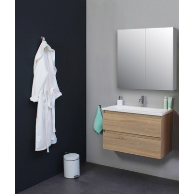Basic Bella Meuble avec lavabo acrylique 1 trou de robinet 80x55x46cm avec armoire toilette à 2 portes gris Chêne